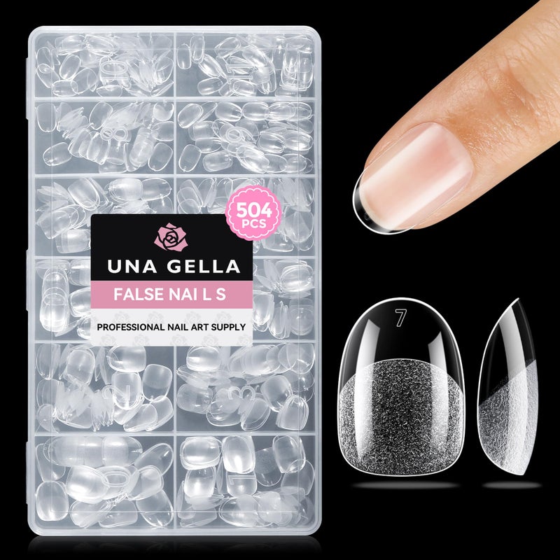 UNA GELLA نصائح أظافر بيضاوية قصيرة جداً 504 قطعة نصائح أظافر جيل بيضاوية لوزية الشكل للنساء DIY صالون أظافر لوزية الشكل كاملة التغطية أظافر أكريليك مزيفة شفافة 12 حجم - Image 1