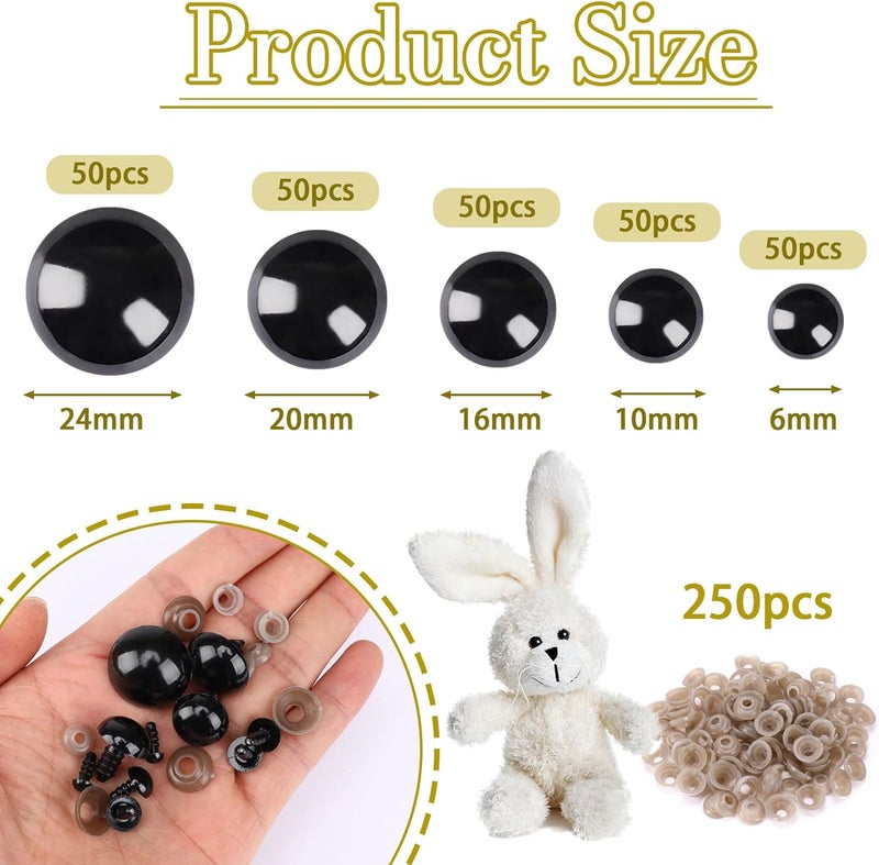 UPINS 500 Pieces 6-24MM Black Plastic Safety Eyes with Washers for Crochet Animal Crafts Doll Making Supplier Bulk (4 Sizes) - Image 2