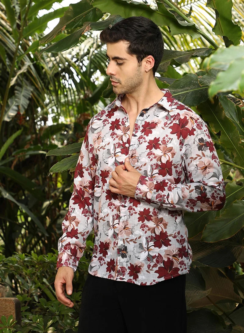 Campus Sutra Campus Sutra Men's Crimson Red Hibicus Imprint Shirt For Casual Wear | Spread Collar | Long Cuffed Sleeves | Button Closure | Shirt Crafted With Comfort Fit For Everyday Wear