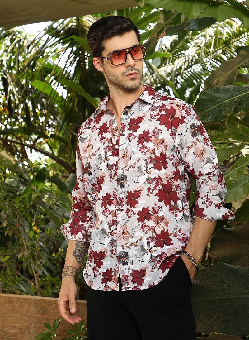 Campus Sutra Campus Sutra Men's Crimson Red Hibicus Imprint Shirt For Casual Wear | Spread Collar | Long Cuffed Sleeves | Button Closure | Shirt Crafted With Comfort Fit For Everyday Wear