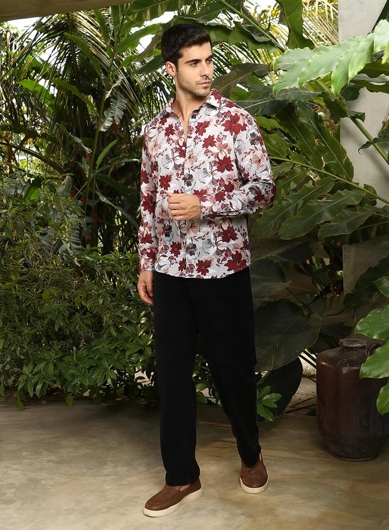 Campus Sutra Campus Sutra Men's Crimson Red Hibicus Imprint Shirt For Casual Wear | Spread Collar | Long Cuffed Sleeves | Button Closure | Shirt Crafted With Comfort Fit For Everyday Wear
