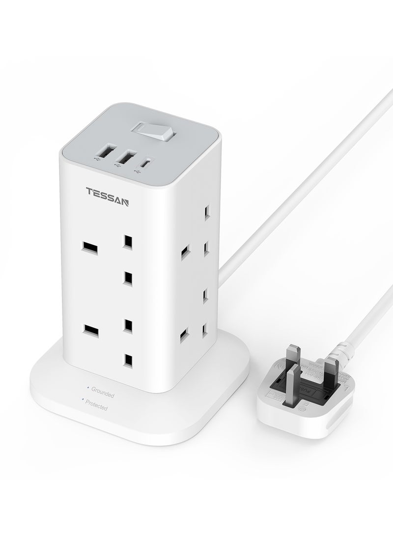 TESSAN Tower Extension Lead With USB C Slots, TESSAN 8 Way Multi Plug Extension Socket 2M Cable, Surge Protected Power Strip with Switch, MultiPlug Adaptor for Home, School Supplies 11 in 1 Tower Extension Lead 8 AC Outlets (13A 3250W) 3 USB Ports (1 USB C) 1700J Surge Protector On/Off Switch 2M Cable - Image 1