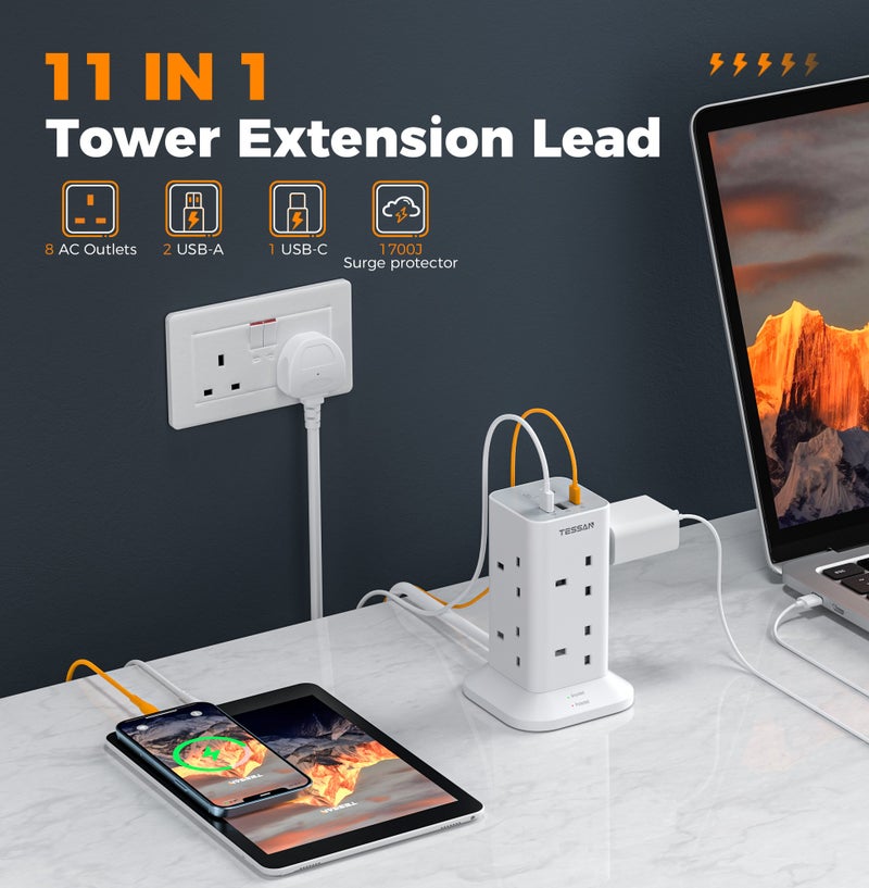 TESSAN Tower Extension Lead With USB C Slots, TESSAN 8 Way Multi Plug Extension Socket 2M Cable, Surge Protected Power Strip with Switch, MultiPlug Adaptor for Home, School Supplies 11 in 1 Tower Extension Lead 8 AC Outlets (13A 3250W) 3 USB Ports (1 USB C) 1700J Surge Protector On/Off Switch 2M Cable - Image 2