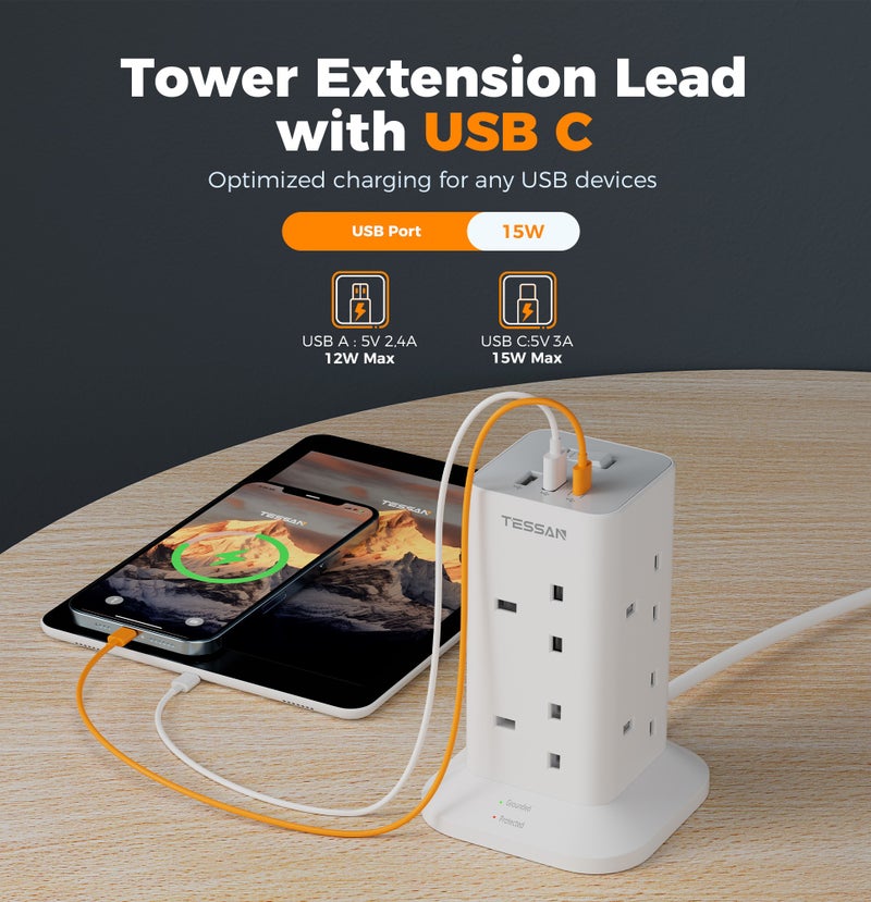 TESSAN Tower Extension Lead With USB C Slots, TESSAN 8 Way Multi Plug Extension Socket 2M Cable, Surge Protected Power Strip with Switch, MultiPlug Adaptor for Home, School Supplies 11 in 1 Tower Extension Lead 8 AC Outlets (13A 3250W) 3 USB Ports (1 USB C) 1700J Surge Protector On/Off Switch 2M Cable - Image 3