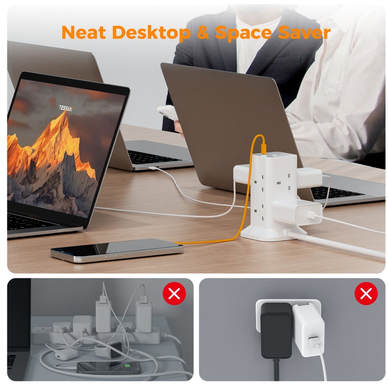 TESSAN Tower Extension Lead With USB C Slots, TESSAN 8 Way Multi Plug Extension Socket 2M Cable, Surge Protected Power Strip with Switch, MultiPlug Adaptor for Home, School Supplies 11 in 1 Tower Extension Lead 8 AC Outlets (13A 3250W) 3 USB Ports (1 USB C) 1700J Surge Protector On/Off Switch 2M Cable - Image 4