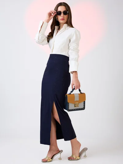 globus Women High Rise Side Slit Bling Effect Maxi Pencil Party Skirt