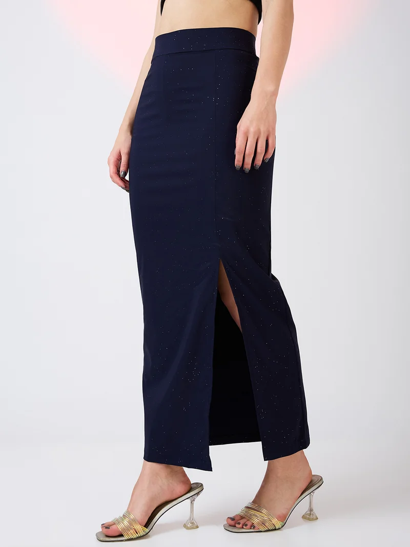 globus Women High Rise Side Slit Bling Effect Maxi Pencil Party Skirt