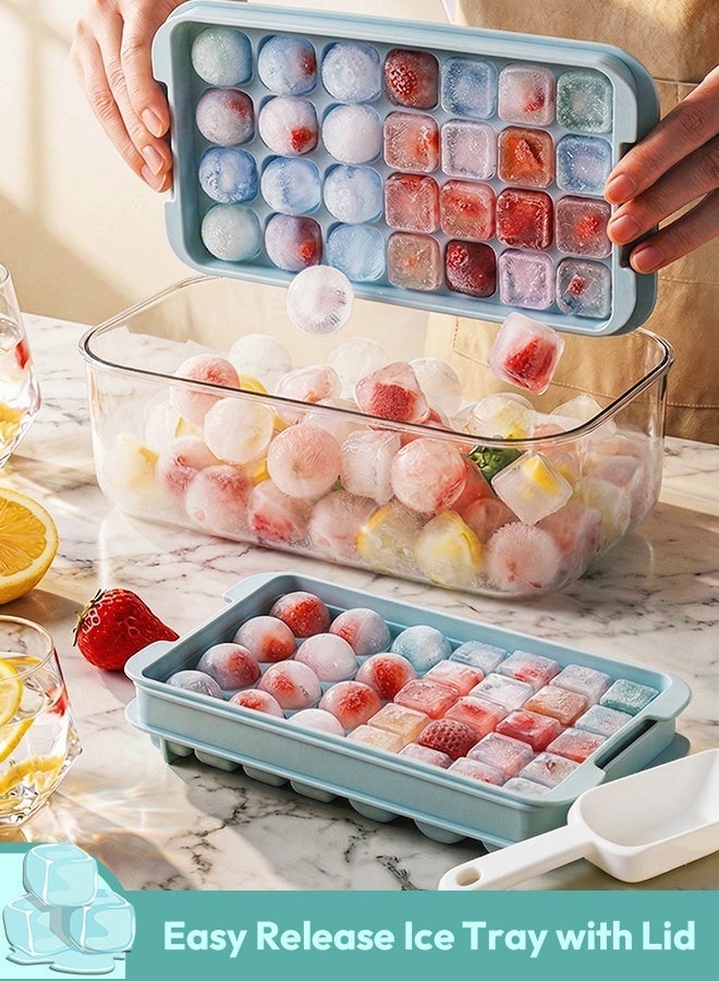 أرابايت صينية مكعبات ثلج مع غطاء وصندوق للفريزر، قوالب مكعبات ثلج دائرية ومربعة للفريزر، صينية ثلج مع حاوية صينية مكعبات ثلج لصنع 64 قطعة من مكعبات الثلج الكروية لتبريد الكوكتيلات والويسكي والشاي والقهوة مع ملعقة - Image 1