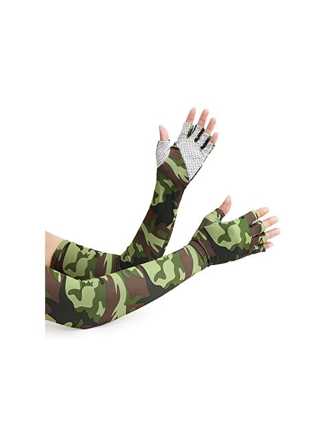 PROMASS Sun Protection Arm Sleeves, Camouflage Sun UV Protection Sleeves Outdoor Non-Slip Half Finger Riding Gloves Breathable High Elastic Fishing Sleeve (1 Pair, Green) - Image 1