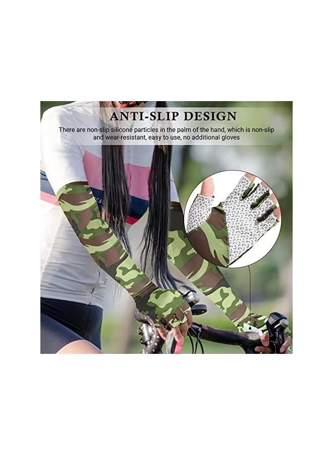 PROMASS Sun Protection Arm Sleeves, Camouflage Sun UV Protection Sleeves Outdoor Non-Slip Half Finger Riding Gloves Breathable High Elastic Fishing Sleeve (1 Pair, Green) - Image 2