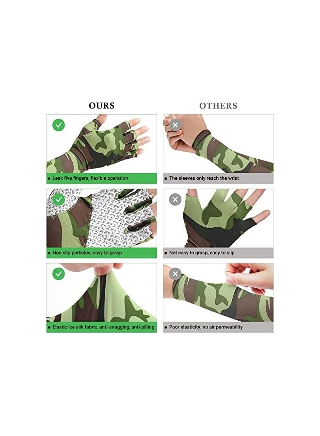 PROMASS Sun Protection Arm Sleeves, Camouflage Sun UV Protection Sleeves Outdoor Non-Slip Half Finger Riding Gloves Breathable High Elastic Fishing Sleeve (1 Pair, Green) - Image 3