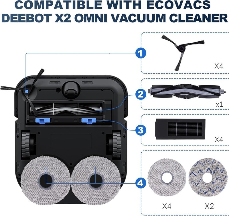 مجموعة إكسسوارات بديلة لمكنس روبوت Ecovacs Deebot X2 Omni / X2 / X2 Pro / DEX86، فرشاة رئيسية واحدة، 6 فرش جانبية، 4 مرشحات، 6 وسادات مسح، 6 أكياس غبار، فرشاة واحدة، YL-X2-Omni-Vacuum-Cleaner - Image 2