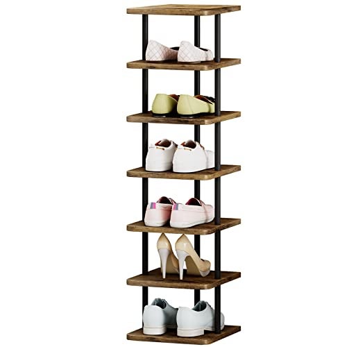AZERPIAN Shoe Rack 7 Tier Vertical Storage Organizer Narrow Metal Slim Shelf Modern Free Standing Shoe Tower Saving Space for Closet Entryway Bedroom,Black+Rustic Brown - Image 1