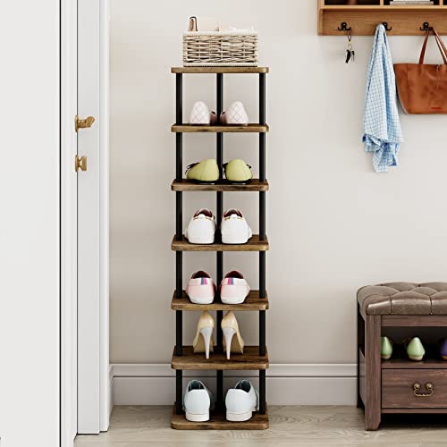 AZERPIAN Shoe Rack 7 Tier Vertical Storage Organizer Narrow Metal Slim Shelf Modern Free Standing Shoe Tower Saving Space for Closet Entryway Bedroom,Black+Rustic Brown - Image 2