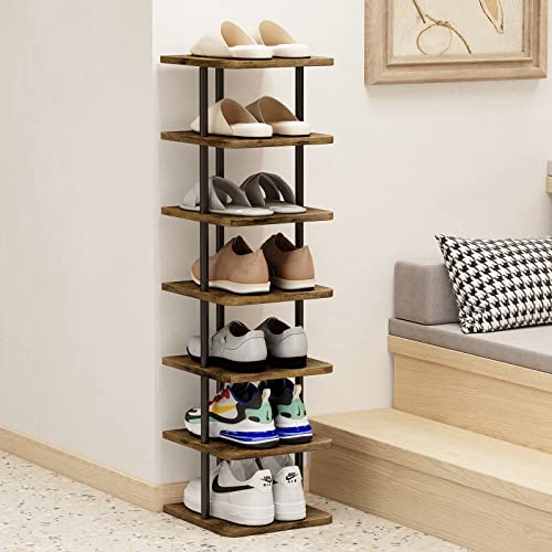 AZERPIAN Shoe Rack 7 Tier Vertical Storage Organizer Narrow Metal Slim Shelf Modern Free Standing Shoe Tower Saving Space for Closet Entryway Bedroom,Black+Rustic Brown - Image 3