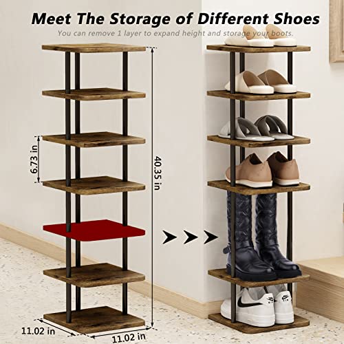 AZERPIAN Shoe Rack 7 Tier Vertical Storage Organizer Narrow Metal Slim Shelf Modern Free Standing Shoe Tower Saving Space for Closet Entryway Bedroom,Black+Rustic Brown - Image 5