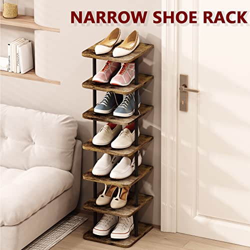 AZERPIAN Shoe Rack 7 Tier Vertical Storage Organizer Narrow Metal Slim Shelf Modern Free Standing Shoe Tower Saving Space for Closet Entryway Bedroom,Black+Rustic Brown - Image 4
