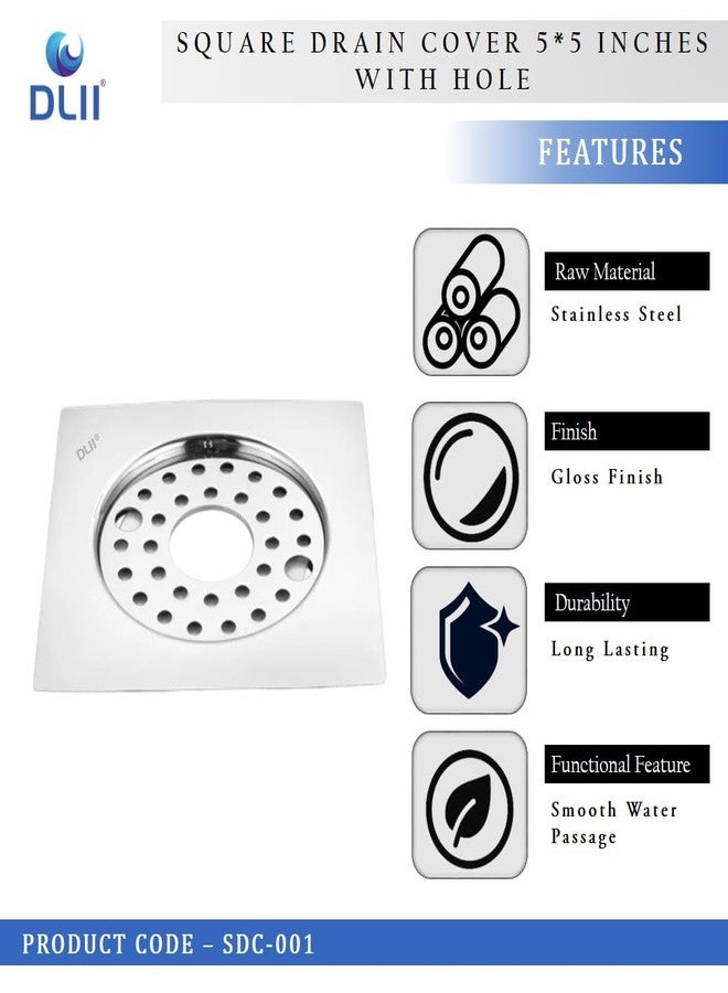 DLII® Premium Stainless Steel Square Drain Cover 5x5 Inch | Heavy Duty Rust-Resistant Floor Drain Jaali with Central Hole | Modern Bathroom Kitchen & Outdoor Use - Image 4