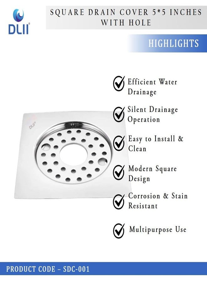 DLII® Premium Stainless Steel Square Drain Cover 5x5 Inch | Heavy Duty Rust-Resistant Floor Drain Jaali with Central Hole | Modern Bathroom Kitchen & Outdoor Use - Image 3