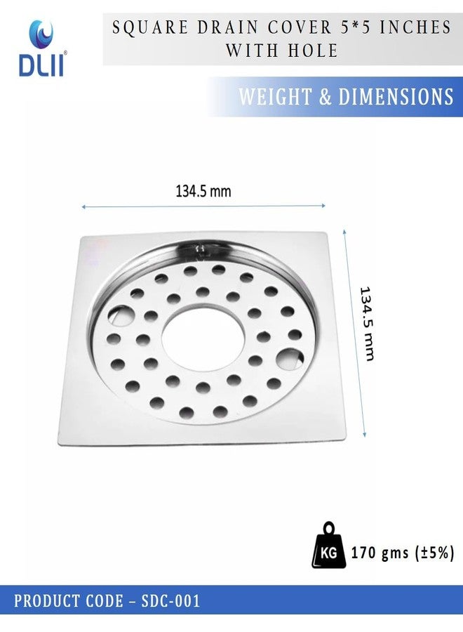 DLII® Premium Stainless Steel Square Drain Cover 5x5 Inch | Heavy Duty Rust-Resistant Floor Drain Jaali with Central Hole | Modern Bathroom Kitchen & Outdoor Use - Image 5