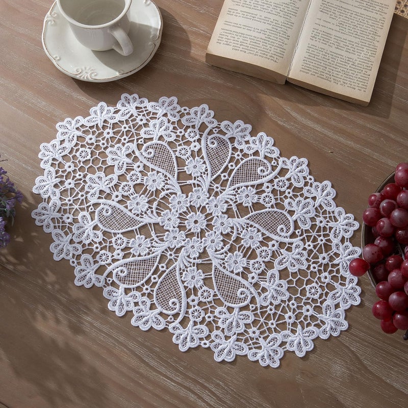 VIRFONOR 2pack Oval Lace Placemats for Dining Table,Delicate Floret Embroidered Lace Doilies vase mat for Christmas Daily Use, Washable (White Oval 11.8" ×17.6") - Image 1