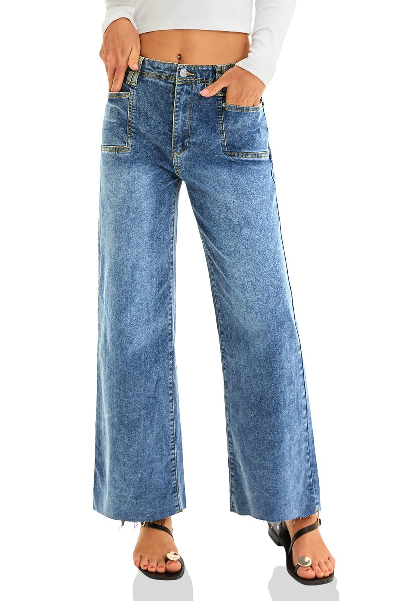 Cicy Bell Womens High Waisted Cropped Jeans Trendy Stretchy Baggy Straight Leg Raw Hem Capri Denim Pants Blue - Image 4