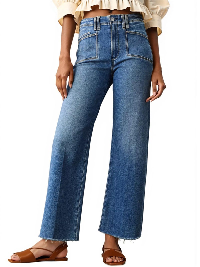 Cicy Bell Womens High Waisted Cropped Jeans Trendy Stretchy Baggy Straight Leg Raw Hem Capri Denim Pants Blue - Image 1
