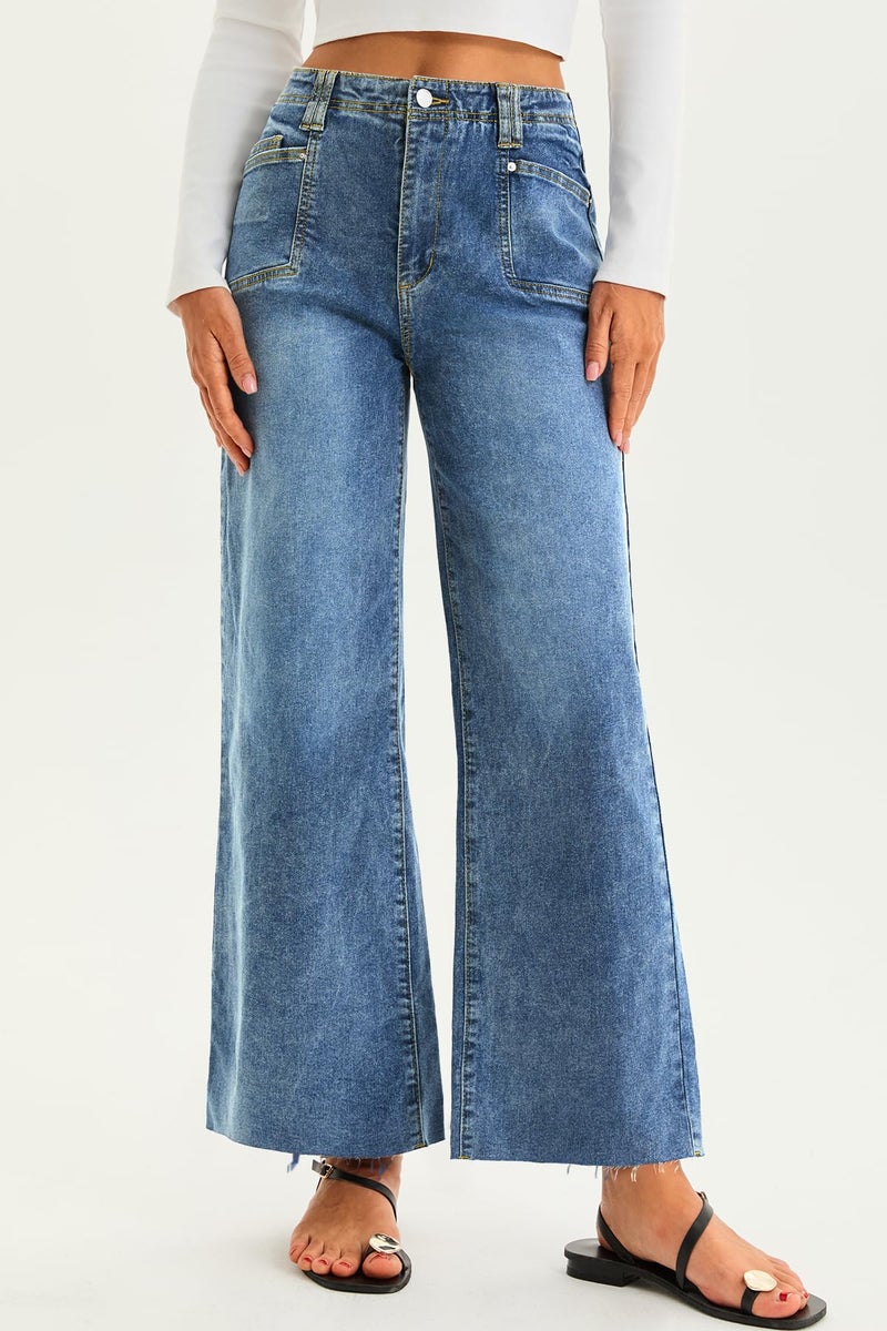 Cicy Bell Womens High Waisted Cropped Jeans Trendy Stretchy Baggy Straight Leg Raw Hem Capri Denim Pants Blue - Image 5