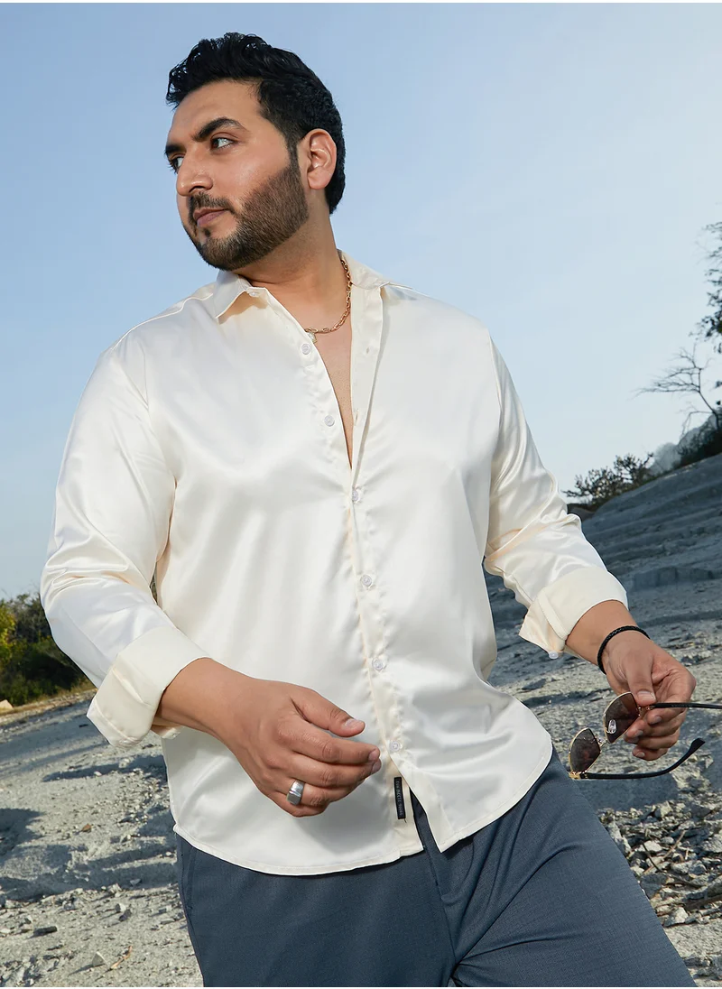 انستافاب بلس Instafab Plus Men's Pale Yellow Satin Lustre Shirt For Casual Wear | Spread Collar | Long Cuffed Sleeves | Button Closure | Plus Size Shirt Crafted With Comfort Fit For Everyday Wear