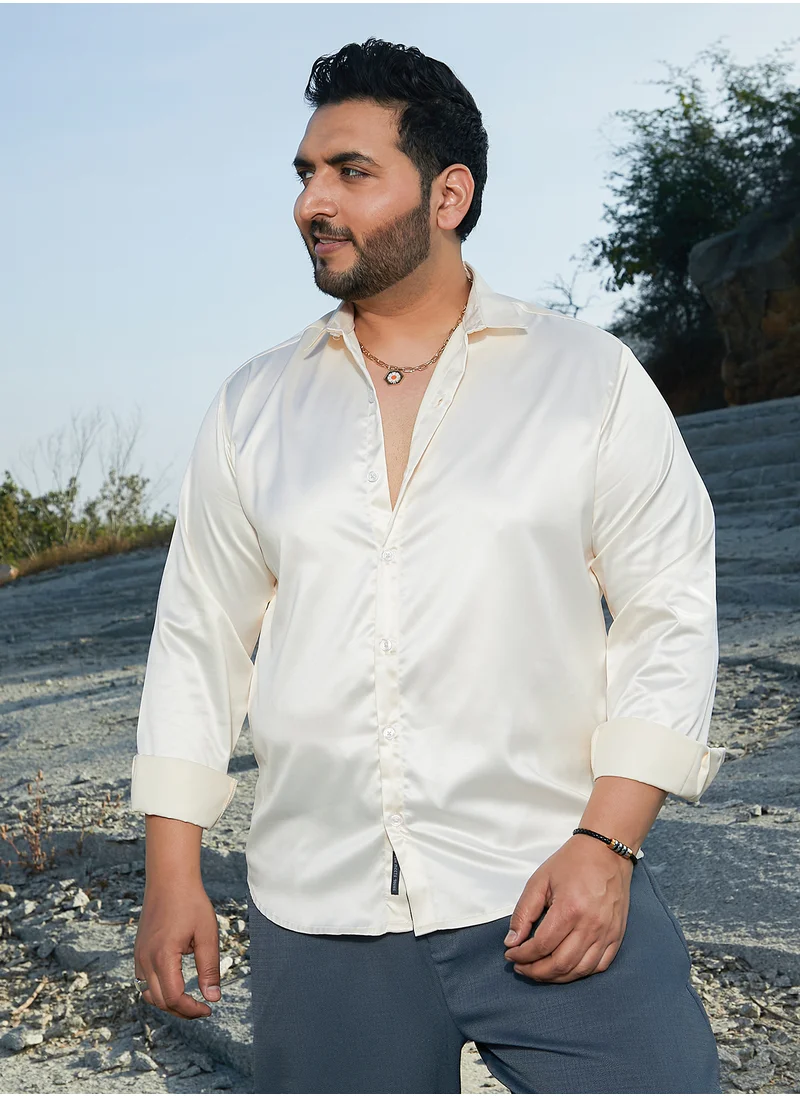 انستافاب بلس Instafab Plus Men's Pale Yellow Satin Lustre Shirt For Casual Wear | Spread Collar | Long Cuffed Sleeves | Button Closure | Plus Size Shirt Crafted With Comfort Fit For Everyday Wear