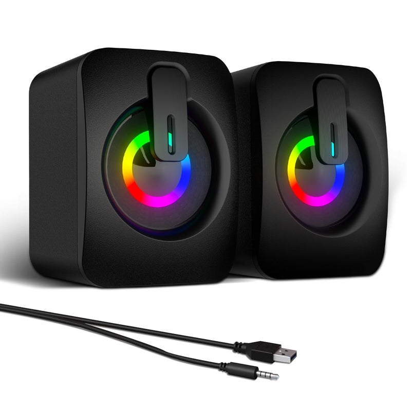 MELOGAGA RGB Computer Speakers, USB-Powered PC Speakers with 7-Color LED Backlight, 3.5mm Aux Compact Soundbar for Desktop, Laptop, Tablet â€“ Crisp Audio & Space-Saving Design - Image 1