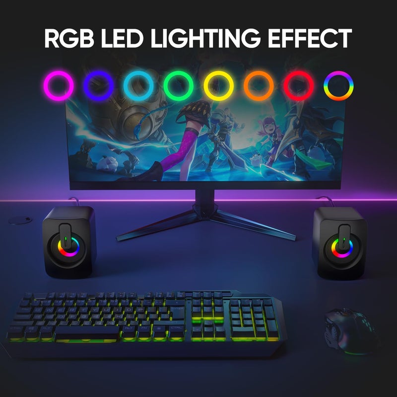 MELOGAGA RGB Computer Speakers, USB-Powered PC Speakers with 7-Color LED Backlight, 3.5mm Aux Compact Soundbar for Desktop, Laptop, Tablet â€“ Crisp Audio & Space-Saving Design - Image 3