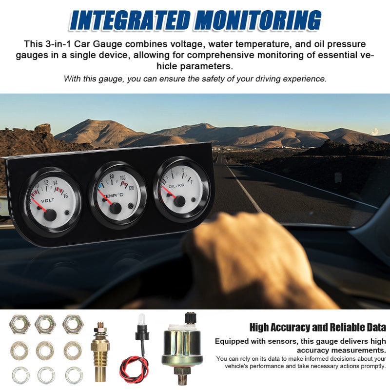 3 in 1 Multifunctional Car Meter Auto Gauge Kit 52mm Voltage Water Temperature Oil Pressure Meter Voltmeter with Sensor for Car Truck RV Marine Boat - Image 4