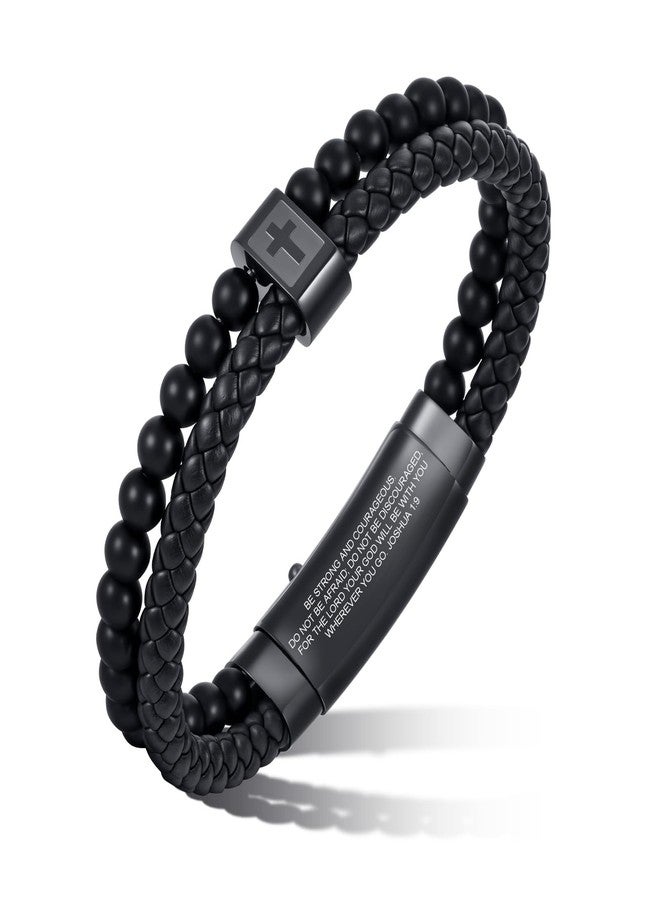 FLHEART Christian Cross Black Leather Bracelet for Men, Double-Row Braided Leather Cross Bracelet Bible Verse Agate Onyx Beaded Bangle, Adjustable Wristband Faith Religious Christian Jewelry Gift for Men - Image 1