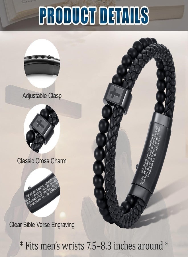 FLHEART Christian Cross Black Leather Bracelet for Men, Double-Row Braided Leather Cross Bracelet Bible Verse Agate Onyx Beaded Bangle, Adjustable Wristband Faith Religious Christian Jewelry Gift for Men - Image 4