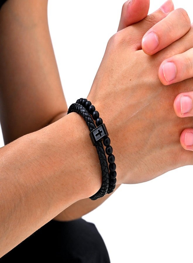 FLHEART Christian Cross Black Leather Bracelet for Men, Double-Row Braided Leather Cross Bracelet Bible Verse Agate Onyx Beaded Bangle, Adjustable Wristband Faith Religious Christian Jewelry Gift for Men - Image 2