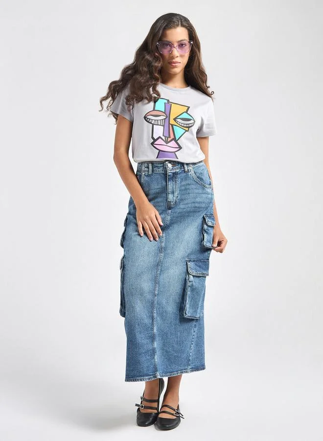 Lee Cooper Lee Cooper A-line Maxi Denim Skirt with Pockets and Button Closure