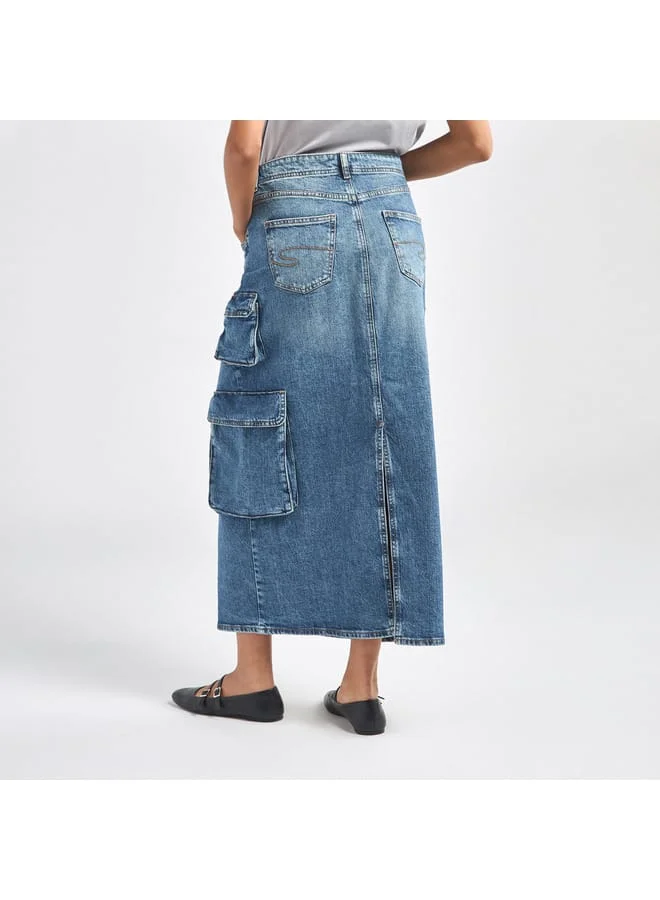 Lee Cooper Lee Cooper Solid A-line Maxi Denim Skirt with Pockets and Button Closure