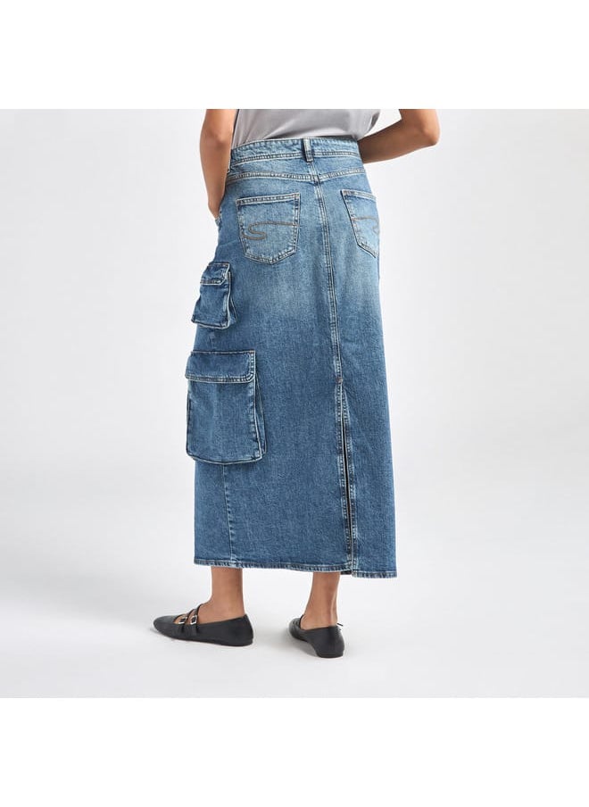 Lee Cooper Lee Cooper Solid A-line Maxi Denim Skirt with Pockets and Button Closure  - Image 4