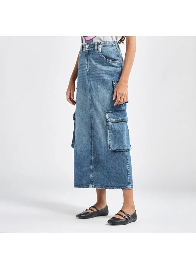 Lee Cooper Lee Cooper Solid A-line Maxi Denim Skirt with Pockets and Button Closure