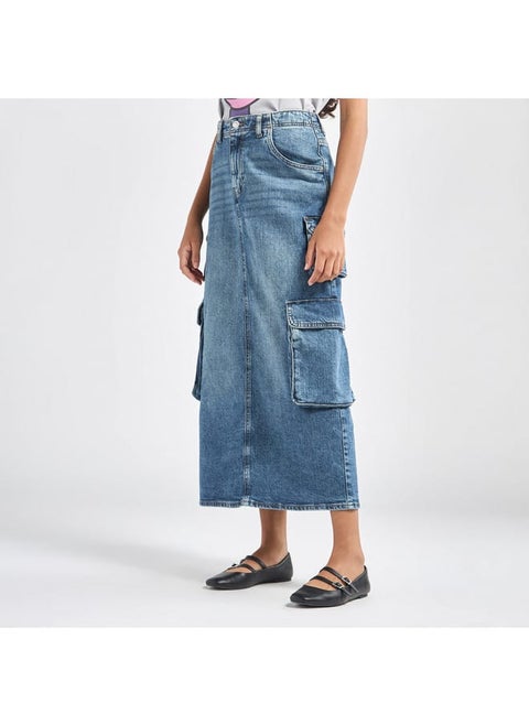 Lee Cooper Solid A-line Maxi Denim Skirt with Pockets and Button Closure