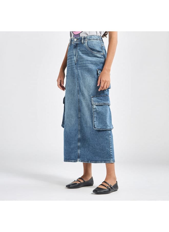 Lee Cooper Lee Cooper Solid A-line Maxi Denim Skirt with Pockets and Button Closure  - Image 1