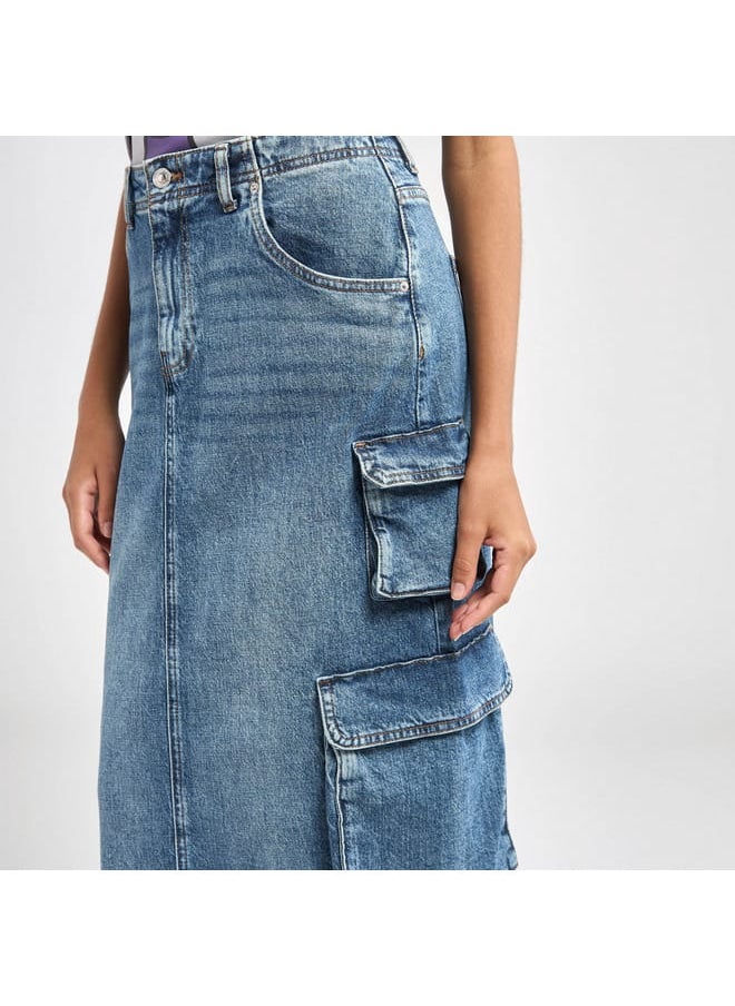 Lee Cooper Lee Cooper Solid A-line Maxi Denim Skirt with Pockets and Button Closure  - Image 3