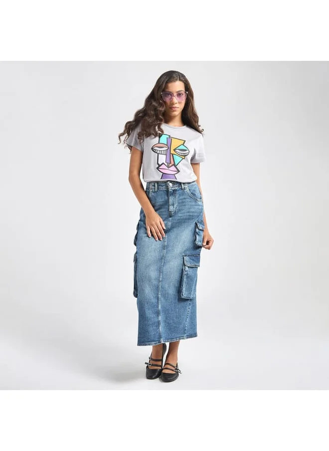 Lee Cooper Lee Cooper Solid A-line Maxi Denim Skirt with Pockets and Button Closure