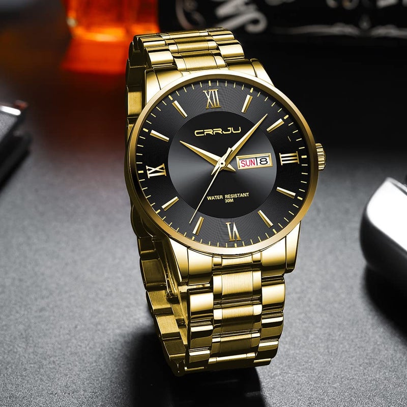 CRRJU Men's Fashion Luxury Golden Auto Date Watches Business Casual Japan Movement Quartz Waterproof Wristwatches for Men,Golden Stainsteel Steel Band Watch - Image 3