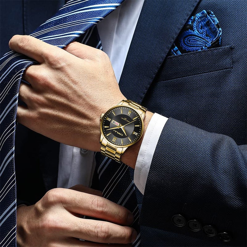 CRRJU Men's Fashion Luxury Golden Auto Date Watches Business Casual Japan Movement Quartz Waterproof Wristwatches for Men,Golden Stainsteel Steel Band Watch - Image 5