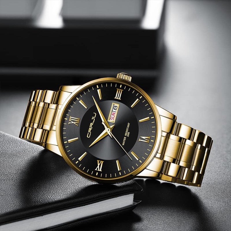 CRRJU Men's Fashion Luxury Golden Auto Date Watches Business Casual Japan Movement Quartz Waterproof Wristwatches for Men,Golden Stainsteel Steel Band Watch - Image 4