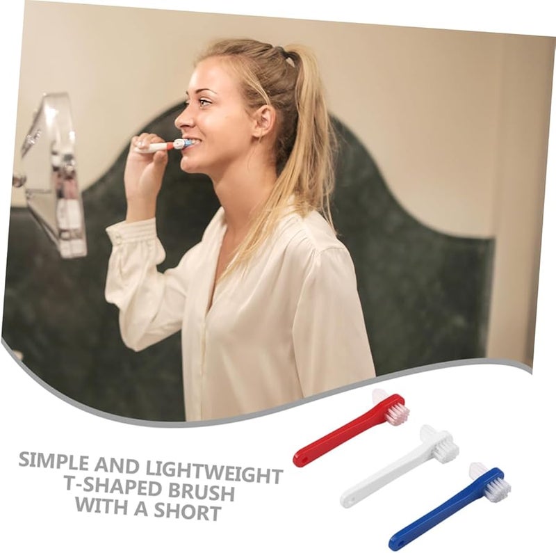 3Pcs Double Sided Denture Toothbrush Hard Bristles Ergonomic Grip For False Teeth White Red Blue - Image 4