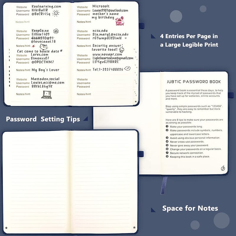JUBTIC Password Keeper Book with Alphabetical Tabs. Medium Size Password Book for Seniors, Internet Website Address Log in Detail. Hardcover Password Notebook for Home Office, Navy Blue - Image 4