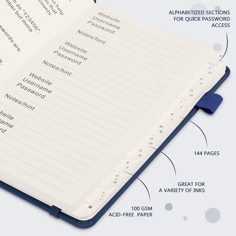 JUBTIC Password Keeper Book with Alphabetical Tabs. Medium Size Password Book for Seniors, Internet Website Address Log in Detail. Hardcover Password Notebook for Home Office, Navy Blue - Image 3